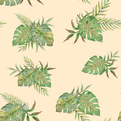 seamless pattern with leaves of palm trees and other tropical plants