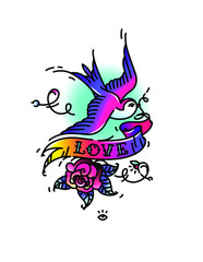 Tattoo Swallows with the inscription Love and a rose bud from below. Vector illustration. Tattoo of an American old school. Bird swift with ribbon and flower. A popular rainbow tattoo.