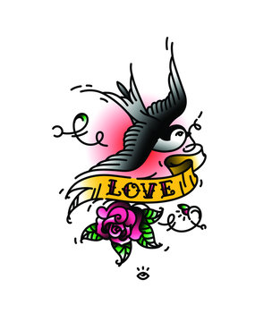 Tattoo Swallows with the inscription Love and a rose bud from below. Vector illustration. Tattoo of an American old school. Bird swift with ribbon and flower. A popular rainbow tattoo.