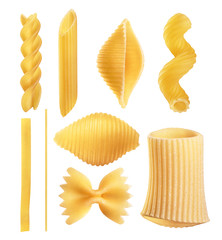 Raw Italian pasta fettuccine, amorini, paccheri, farfalle, spaghetti, fusilli, penne, conchiglie isolated on a white background.