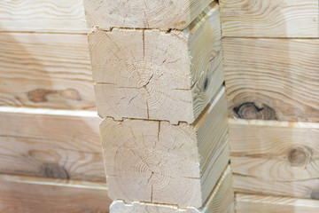 The corner of the wooden house. New house. white tree