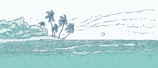 Sandy tropical island with palm trees, sea waves surf. Landscape beach in ocean for summer holiday and tourism. Monochrome vector illustration background for design cards or banner.
