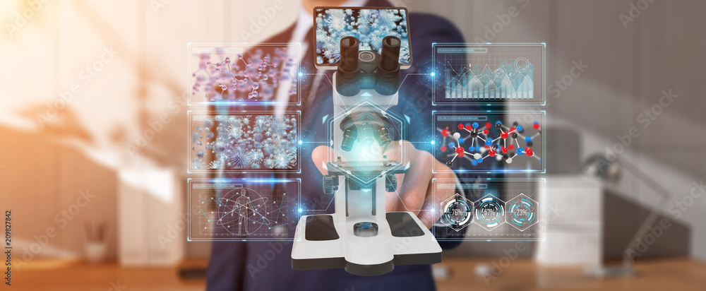 Aufkleber Businessman using modern microscope with digital analysis 3D rendering