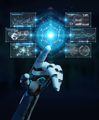 White cyborg hand using digital datas interface 3D rendering