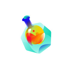 Icon of the bulb with reagents. Vector flat icon. Illustration of a flask. Image is isolated on white background. Form style. Icon for website and print. Talisman, a brand for the company. Symbol, emb