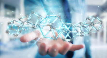 Businessman using digital blue Blockchain 3D rendering