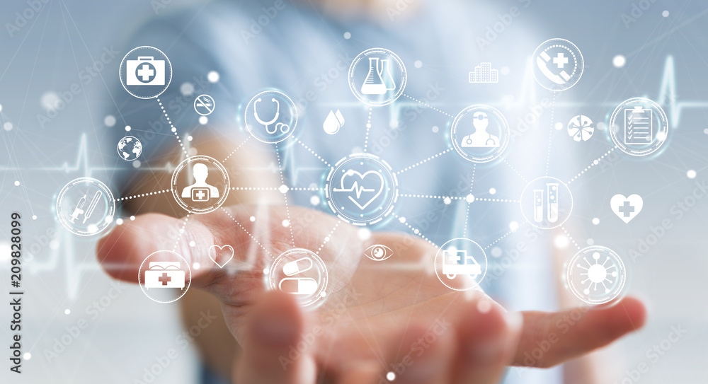 Poster Businessman using digital medical interface 3D rendering