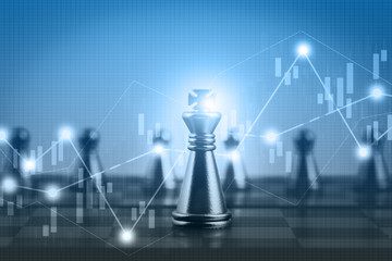 Double exposure financial market stock chart with chess board game competition, success and...
