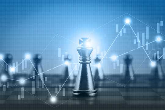 Double exposure financial market stock chart with chess board game competition, success and leadership business concept