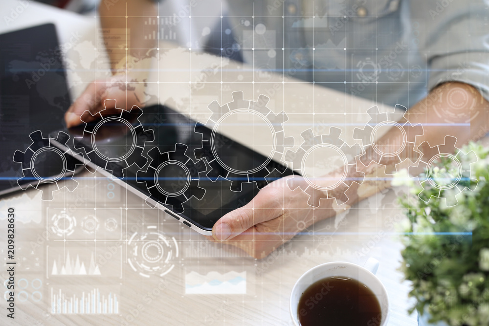 Poster gears on virtual screen. business strategy and technology concept. automation process.
