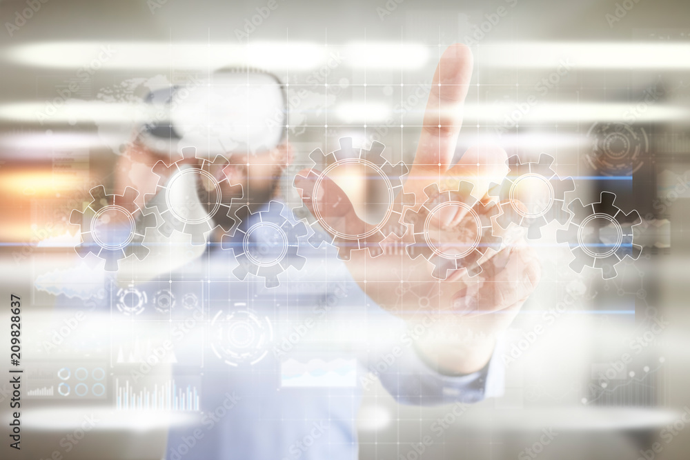 Poster gears on virtual screen. business strategy and technology concept. automation process.