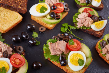 close-up of tuna sandwiches, top view