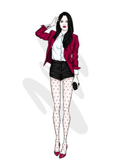 A tall slender girl in short shorts, a jacket and high-heeled shoes. Beautiful model in stylish clothes. Vector illustration for a postcard or a poster, print for clothes.