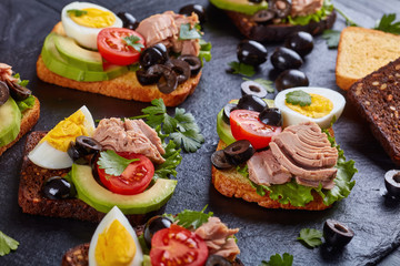 close-up of tuna sandwiches on a table