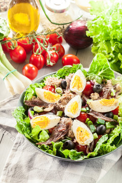 Nicoise Salad with tuna, anchovy, eggs and tomatoes