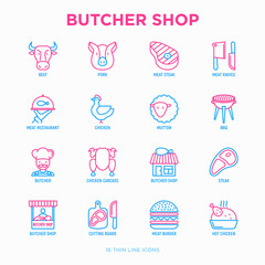 Butcher shop thin line icons set: meat steak, beef, pork, mutton, BBQ, chicken, burger, cutting board, meat knives. Modern vector illustration.