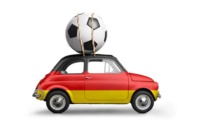 Fototapeta na wymiar Germany flag on car delivering soccer or football ball isolated on white background