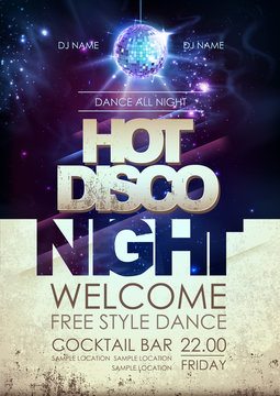 Disco ball background. Hot disco night party poster on open space background