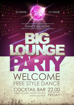 Disco ball background. Disco big lounge party poster on open space background