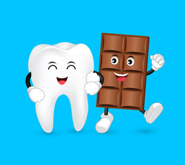  Cute cartoon tooth and Chocolate character with love. Dental care concept. Funny illustration isolated on blue background.