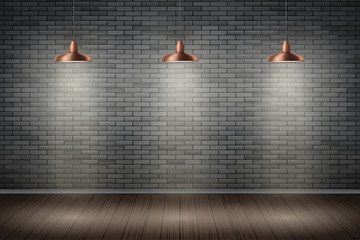 Interior of black brick wall with vintage pedant brass lamps and wooden floor. Vintage Rural room and fashion interior. Background of loft and trendy showroom or cafe. Vector. - obrazy, fototapety, plakaty
