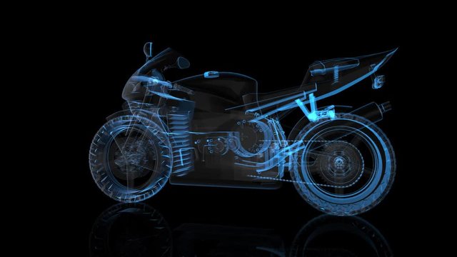 Rotating motorcycle. Black and blue shine Formation of Model motorcycle 360 Degree