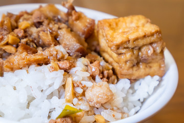 Taiwan famous food - Braised pork and fried tofu on rice. Soy-stewed pork rice, Taiwan Delicacies, Taiwan Street Food