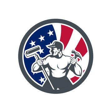 recommend clip art: Icon retro style illustration of an American professional handyman or household maintenance guy with United States of America USA star spangled banner or stars stripes flag circle isolated background.