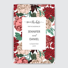 Vector illustration sketch - card with flowers chrysanthemum, peony. Wedding invitation with flower. Dahlias, Ruscus, Viburnum.