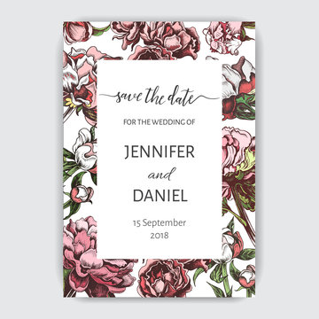 Hand drawn sketch wedding illustration peony flowers. Vector templete Save the date.