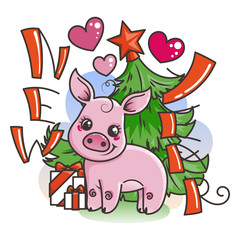 Happy New 2019 Year card with cartoon baby pig. Small symbol of holiday.