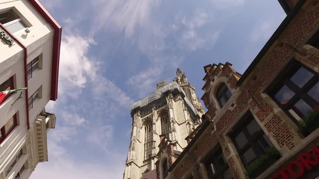 Antwerp old town cathedral and buildings steadicam 