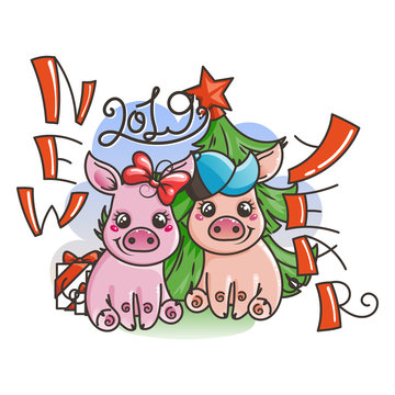 Happy New 2019 Year card with cartoon baby pigs. Small symbol of holiday.