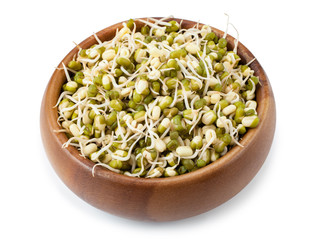Bean sprouts on wooden bowl isolated