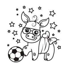 Cute cartoon pig with a soccer ball. Vector illustration.