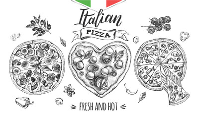 Set of pizzas. Italian cuisine. Ink hand drawn Vector illustration. Top view. Food element for menu design. - 209835497