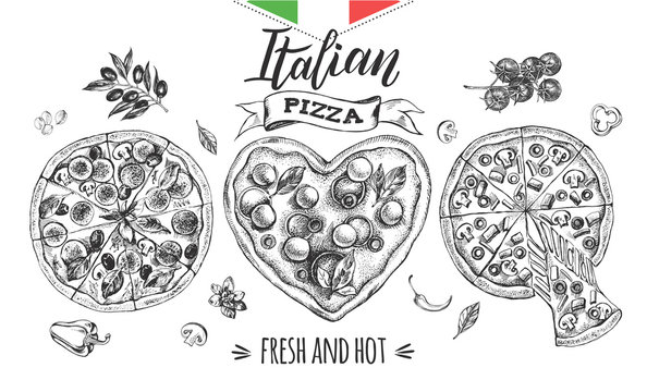 Set of pizzas. Italian cuisine. Ink hand drawn Vector illustration. Top view. Food element for menu design.