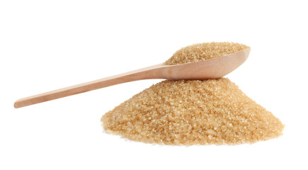 wooden spoon with cane sugar on white background