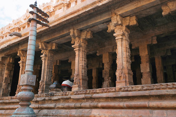 Flagpost and 100 pillar Maha-mandapa, Airavatesvara Temple, Darasuram, Tamil Nadu. View from East.