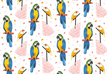 Hand getekende vector abstracte cartoon zomertijd grafische decoratie illustraties kunst naadloze patroon met exotische tropische regenwoud Gouldamadine en papegaai Ara vogels geïsoleerd op witte achtergrond