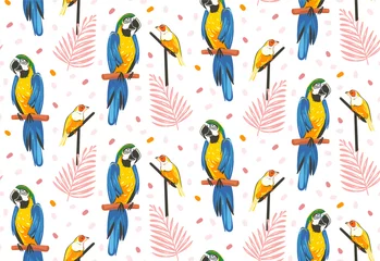 Wallpaper murals Parrot Hand drawn vector abstract cartoon summer time graphic decoration illustrations art seamless pattern with exotic tropical rainforest Gouldian finch and Parrot Macaw birds isolated on white background