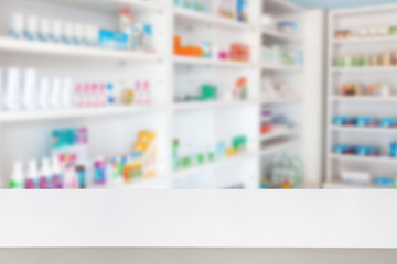 Pharmacy drugstore counter table with blur abstract backbround with medicine and healthcare product...