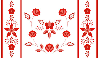 Polish folk pattern vector. Floral ethnic ornament. Slavic eastern european print. Red flower design for bolster pillow case, gypsy interior textile, boho blanket, bohemian rug, rustic wedding card. - obrazy, fototapety, plakaty