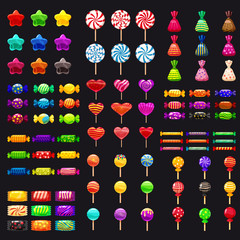 Supe set of different sweets on black background hard candies dragee jelly beans peppermint candy. Vector illustration,