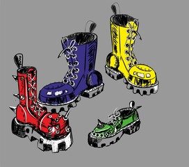 Colored brutal boots. Vector Illustration