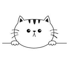 Cat sad head face silhouette icon. Hands paw holding. Contour line. Cute cartoon kitty character. Kawaii animal. Funny baby kitten. Love card. Flat design. White background Isolated.