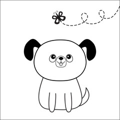 Dog head face silhouette looking at butterfly. Contour line. Cute cartoon sitting puppy character. Kawaii animal. Funny baby pooch. Love Greeting card. Flat design. White background