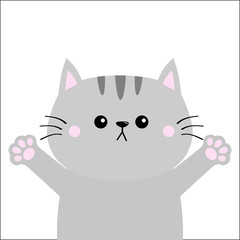 Gray cat ready for a hugging. Blush cheeks. Open hand pink paw print. Kitty reaching for a hug. Baby card. Funny Kawaii animal. Cute cartoon character. Pet collection. Flat design White background.