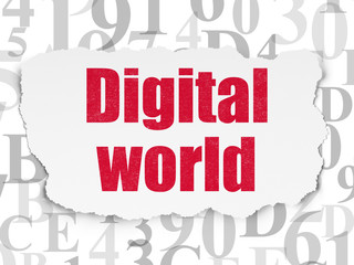 Information concept: Painted red text Digital World on Torn Paper background with  Hexadecimal Code