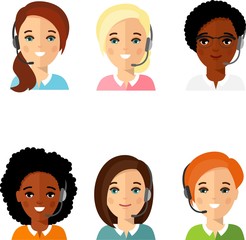 Flat style vector illustration. Set of female helpline operator with headset consulting a client.
Call center avatar of online customer support service assistants.  
